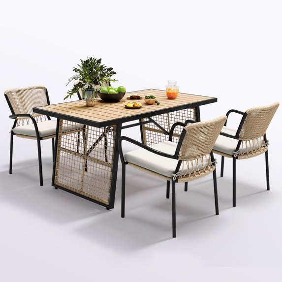 Dextrus 5-Piece Patio Outdoor Dining Set, Wicker Patio Furniture Set of 4 Rattan Dining Chairs with Soft Cushions and Rectangular Dining Table with Umbrella Hole