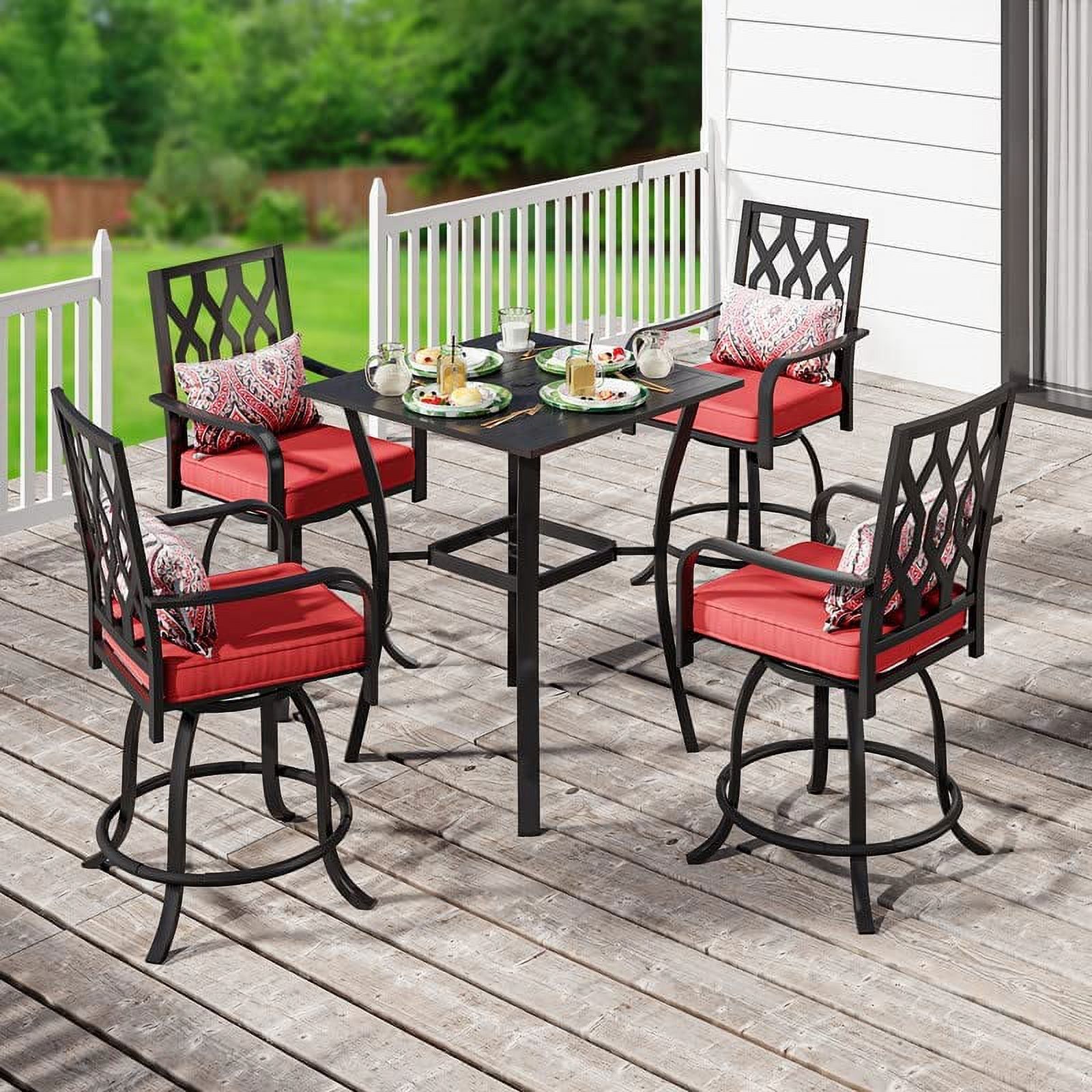Dextrus 5-Piece Patio Swivel Bar Set, 32" Square Patio Bar Table (Umbrella Hole) and 4 Cushioned Swivel Bar Stools, Metal Patio Bar Set Ideal for Patio Lawn Garden Porch, Black - image 1 of 7