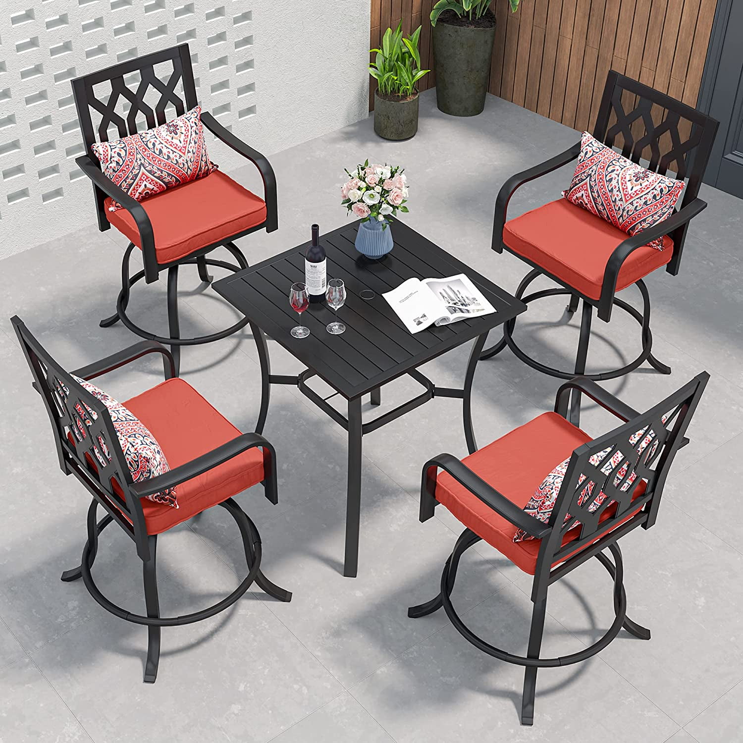 Dextrus 5Piece Patio Swivel Bar Set, 32" Square Patio Bar Table (Umbrella Hole) and 4 Cushioned