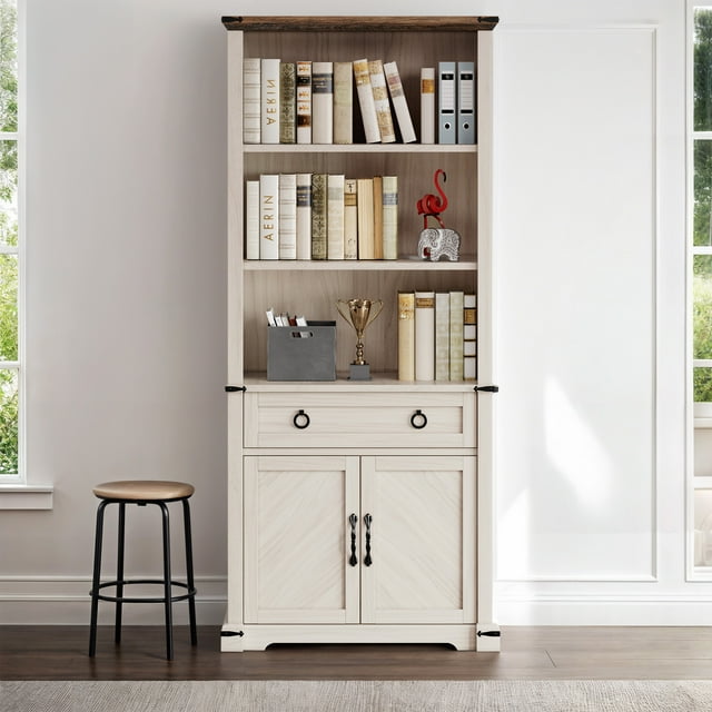 Dextrus 5-Shelf Bookcase with Doors & Drawer, Tall Wood Storage Cabinet with Adjustable Shelves for Home & Office