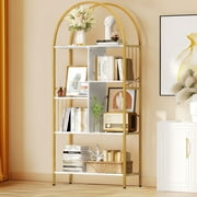 Dextrus 5 Tier Arched Bookshelf and Bookcase, Gold Standing Book Shelf, Mental Frame Storage Display Rack Shelves Organizer for Bedroom Living Room Office,White&Gold