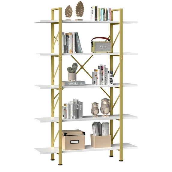 Dextrus 5-Tier Book Shelves and Bookcase, Steel Freestanding Open Display Storage Bookshelf Organizer for Home Office, Gold & White