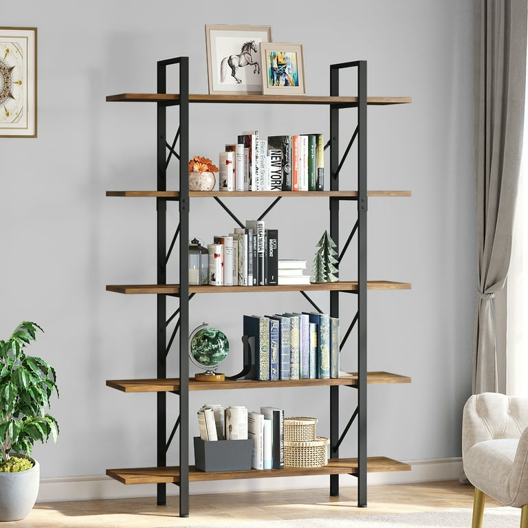 Dextrus 5 Tier Bookcase Modern Bookshelf Storage Organizer Free Standing Display Shelf with Metal Frame for Home Office Office Room Brown