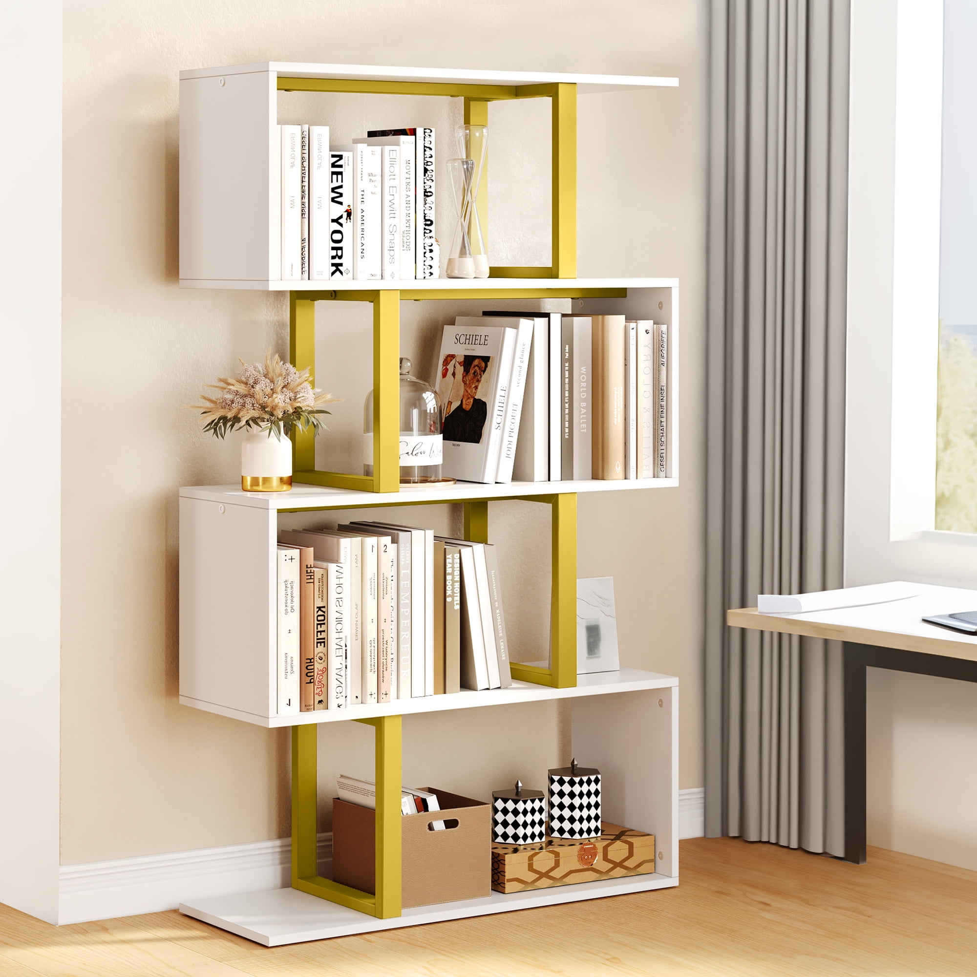 https://i5.walmartimages.com/seo/Dextrus-5-Tier-Bookcase-S-shape-Geometric-Bookshelf-Wood-Z-Shelf-Modern-Free-Standing-Storage-Organizer-Living-Room-Bedroom-Home-Office-Gold_91347981-38a4-4eec-9313-c9c459d3c898.cca16bb96ec9106536e0a02779422578.jpeg