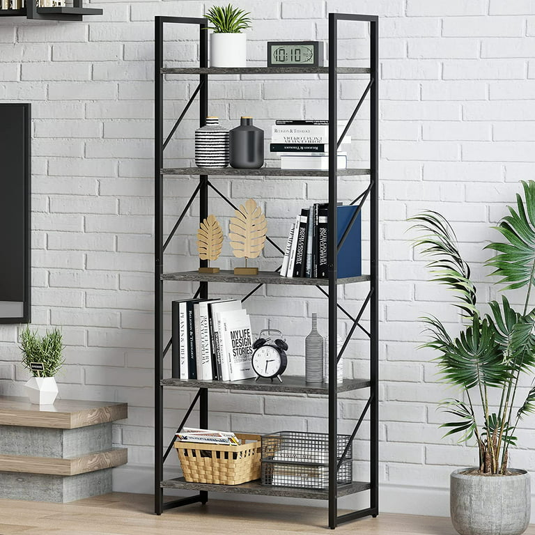 Dextrus 5-Tier Bookcase Storage Shelves, 65 in Ladder Bookshelf, Industrial Furniture for Bedroom Living Room Office, Charcoal Gray &Black, Size: 23.6