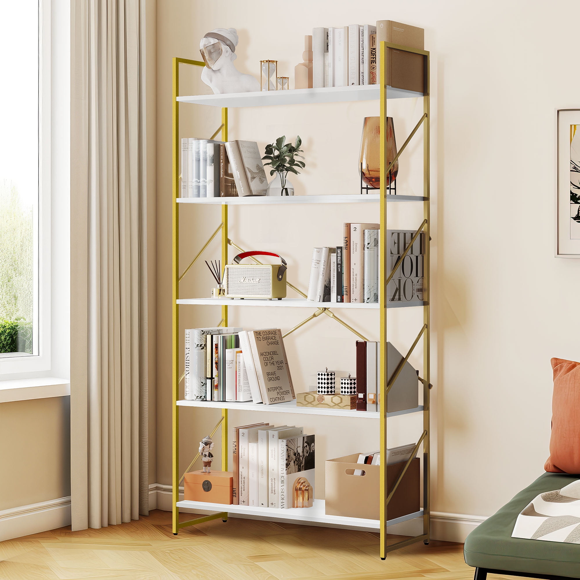 Dextrus 5Tier Bookshelf, Gold Bookcase, Industrial Freestanding Book