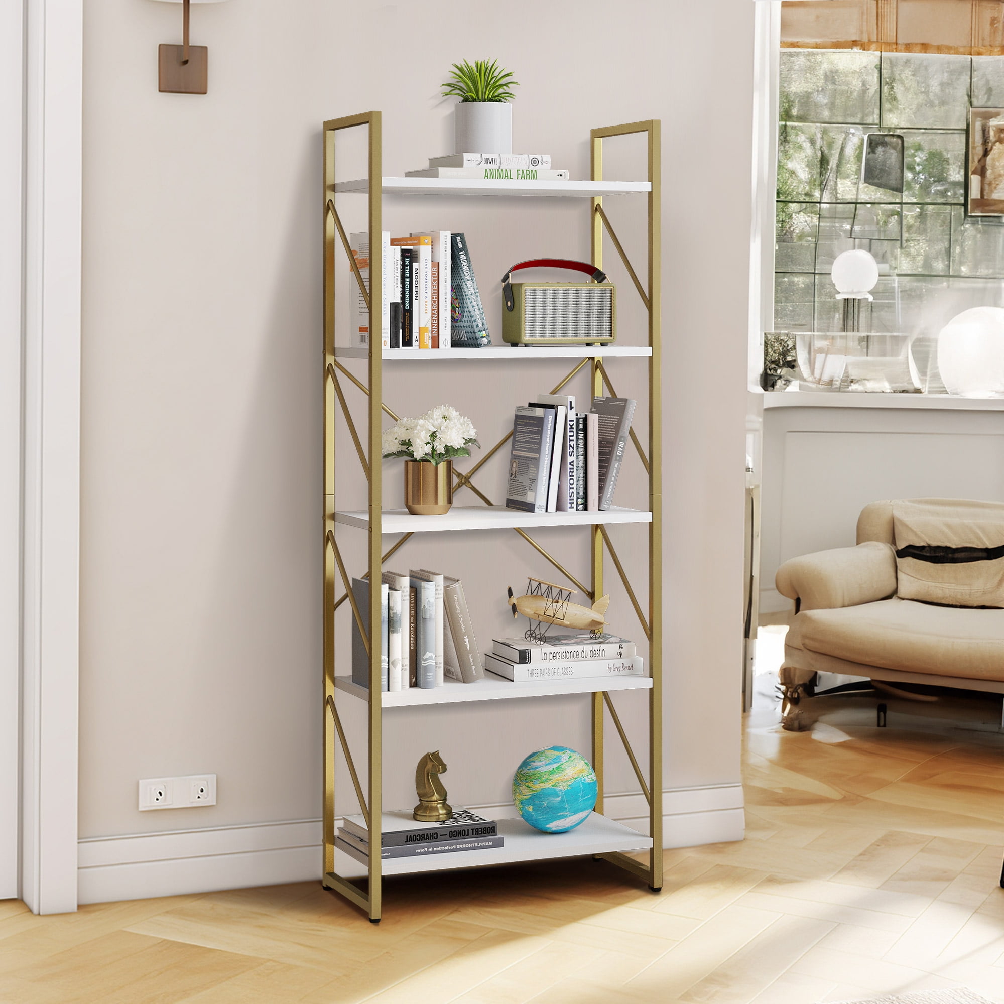 Dextrus 5Tier Bookshelf, Gold Bookcase, Industrial Freestanding Book