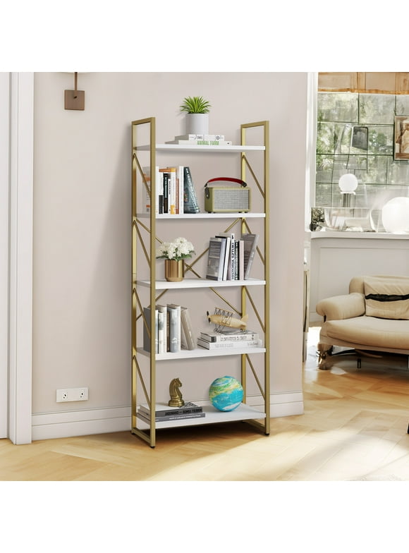 Dextrus 5-Tier Bookshelf, Gold Bookcase, Industrial Freestanding Book Shelf Modern Open Display Storage Organizer Book Shelves for Bedroom, Living Room and Home Office, Gold & White
