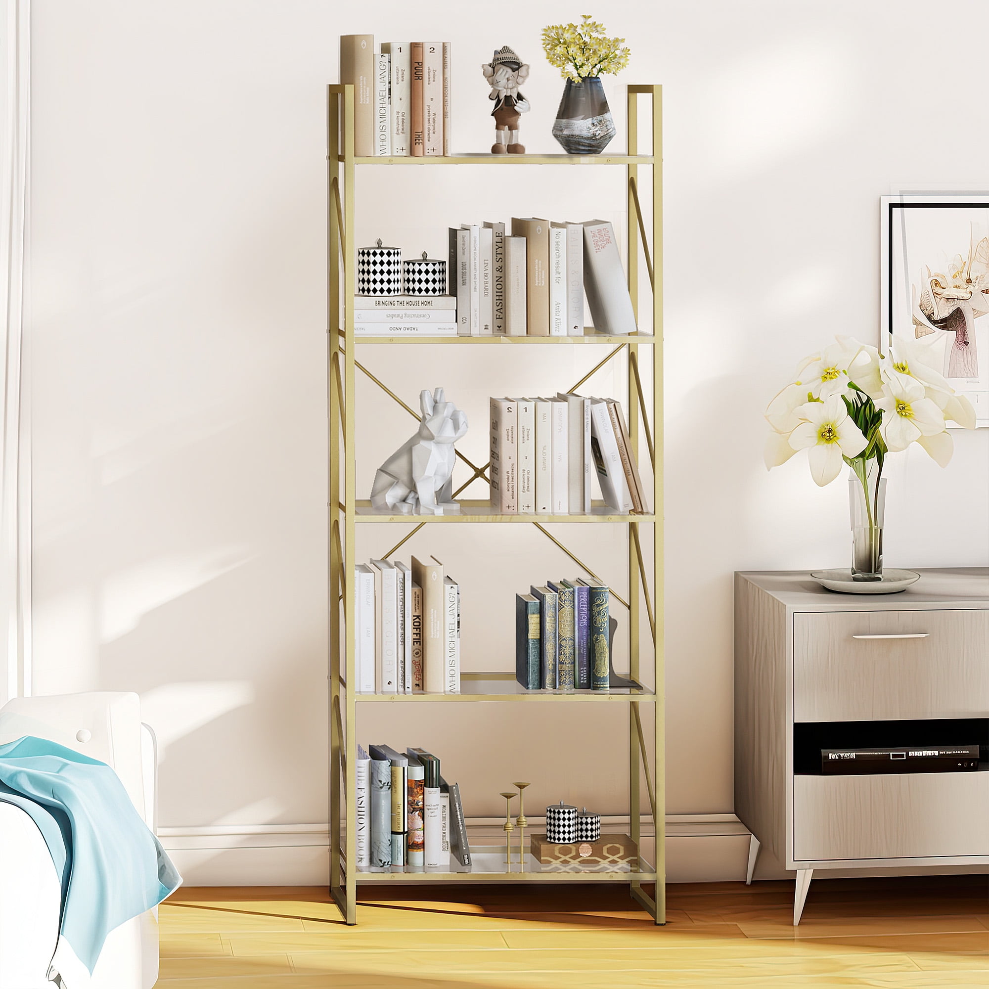 Dextrus 5Tier Bookshelf, Gold Bookcase, Industrial Freestanding Book