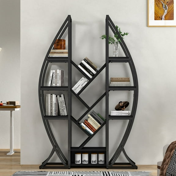 Dextrus 5 Tier Bookshelf, Industrial Etagere Bookcase, Oval Bookshelf, Large Display Shelves for Living Room, Home Office, Black