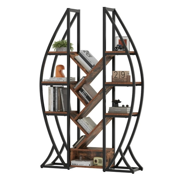 Dextrus 5 Tier Bookshelf, Industrial Etagere Bookcase, Oval Bookshelf, Large Display Shelves for Living Room, Home Office, Brown