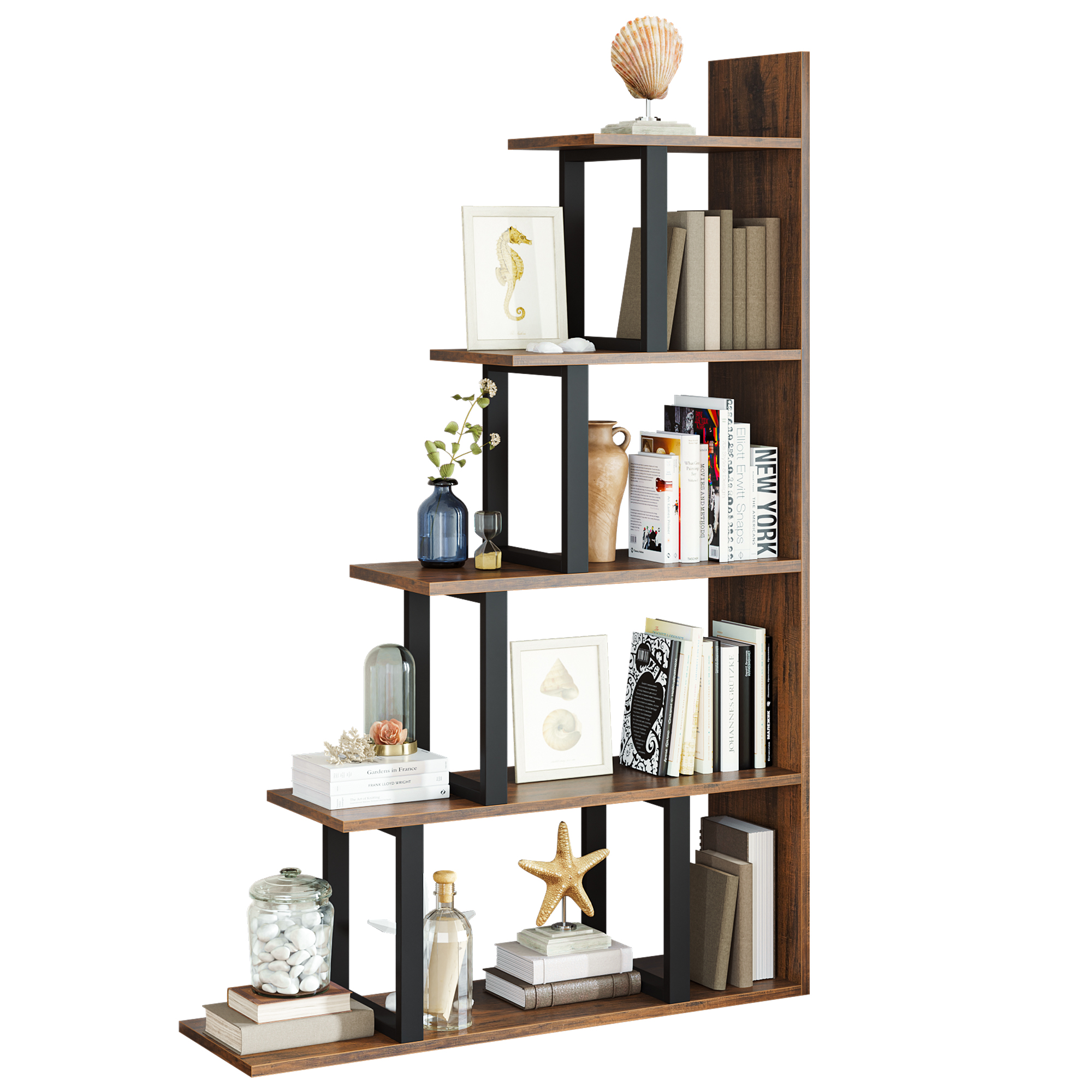 Dextrus 5-Tier Bookshelf, L-Shape Freestanding Ladder Corner ...