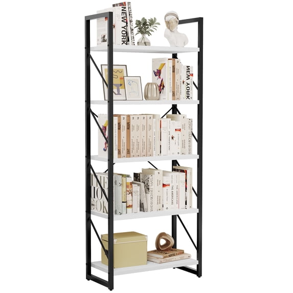 Dextrus 5-Tier Ladder Freestanding Bookshelf, Industrial with Open Storage, White & Black