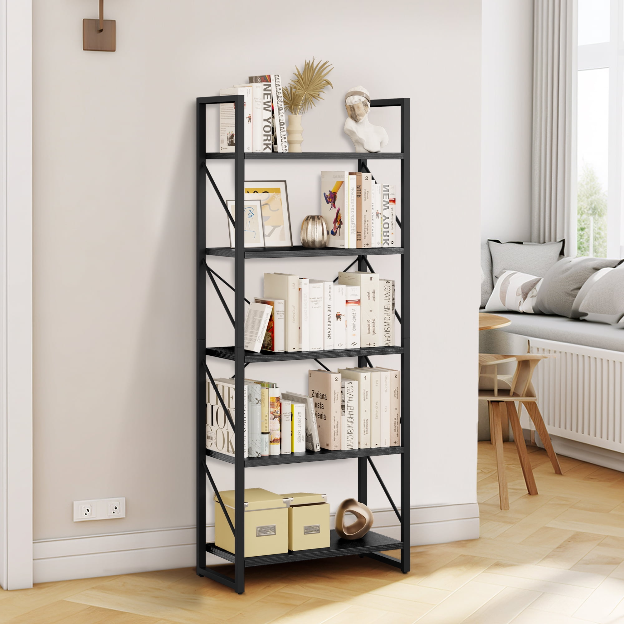 YITAHOME 5-Tier Bookshelf Storage Rack Display Shelves Organizer Industrial Wood, Brown