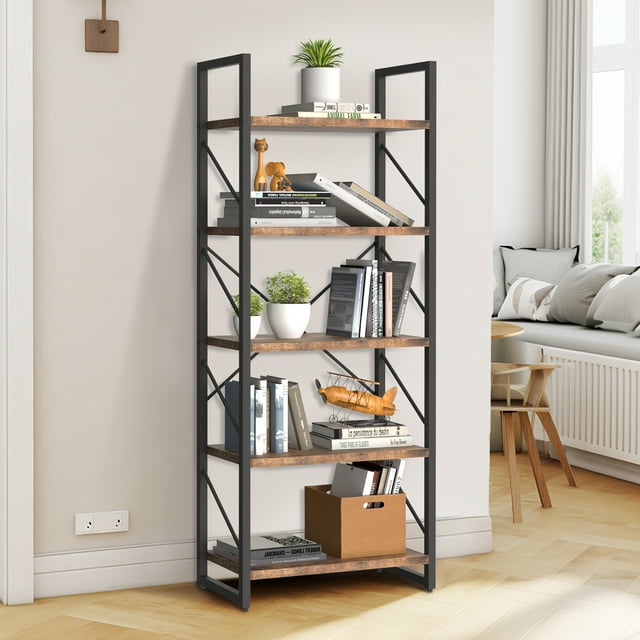 Dextrus 5Tier Bookshelf Sturdy Wood Storage Bookcase Shelves with