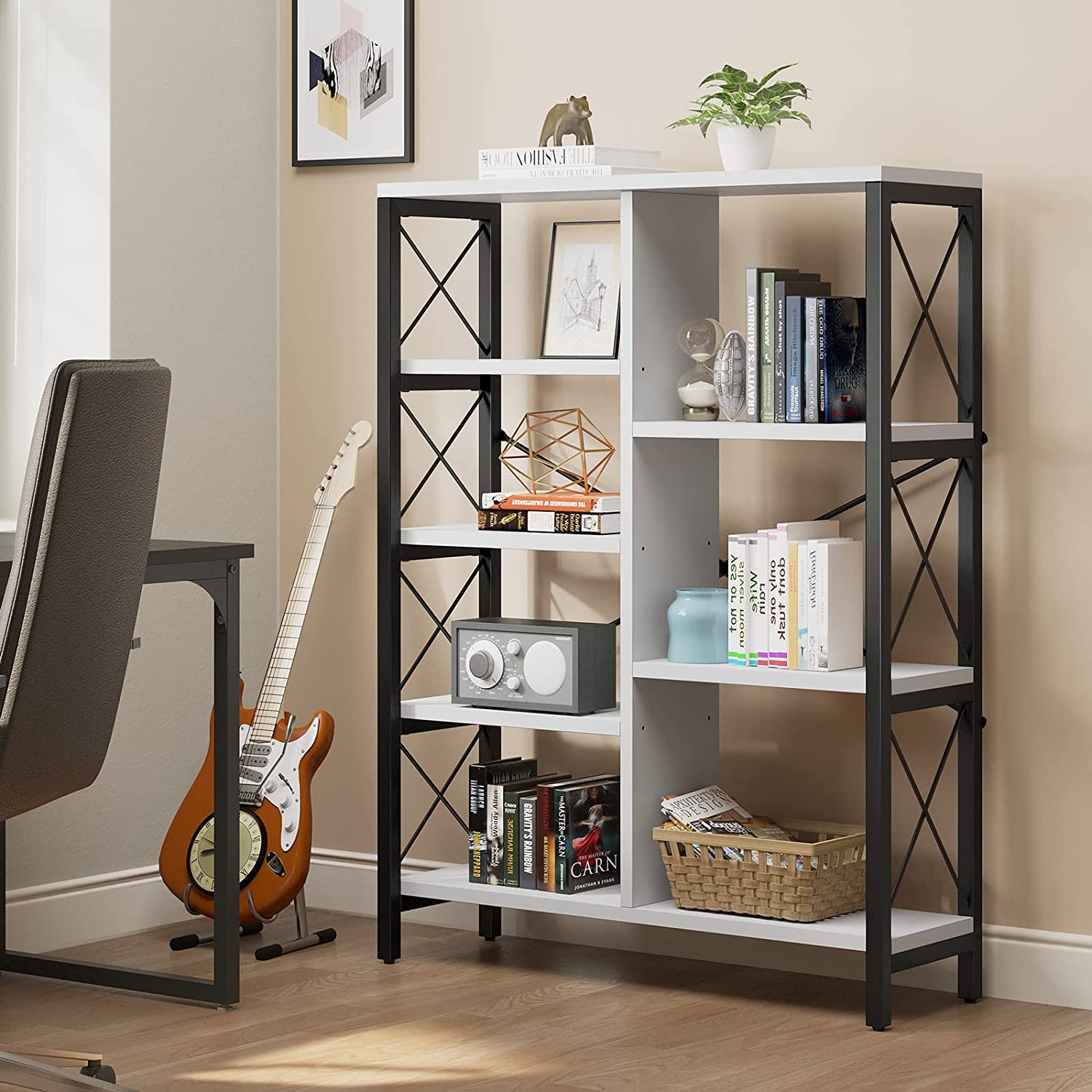 Dextrus 5Tier Bookshelf, White Modern Bookcase and Bookshelf with 7 Open Display Storage Space
