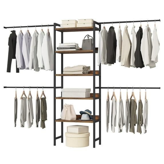 Dextrus 5-Tier Closet System, 6-9FT Walk In Closet Organizer with 4 Expandable Hanger Rods, Heavy Duty Bedroom Wardrobe with 5 Shelves, Wall Mounted Clothes Rack -Black
