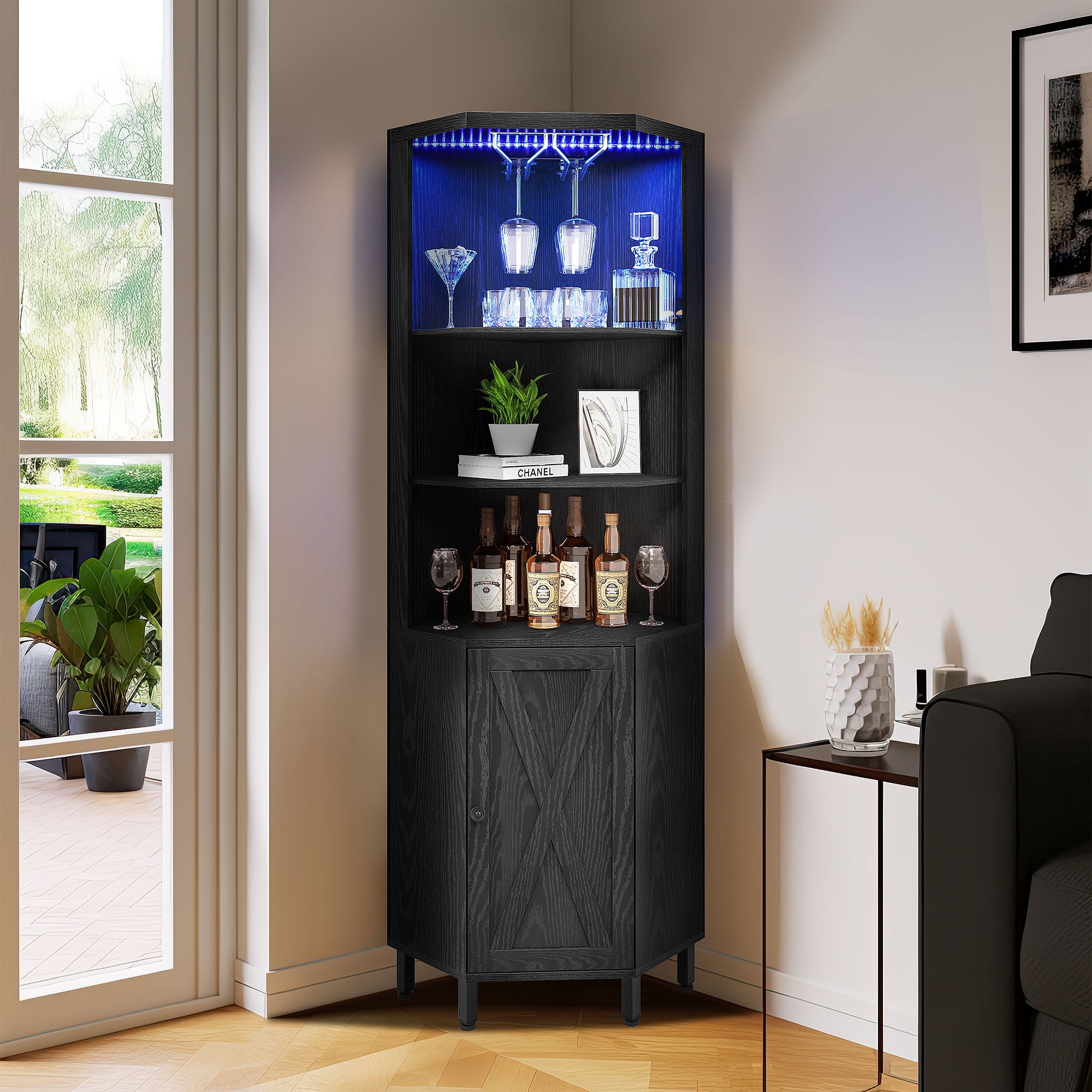 Dextrus 5 Tier Corner Bar Cabinet With Led Lights Glass Holder Storage Door And Shelves Shelf Wine Rack Display Black Com