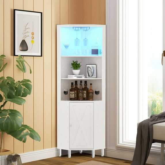 Dextrus 5-Tier Corner Bar Cabinet with LED Lights, Glass Holder, & Wine Rack for Living Room, White