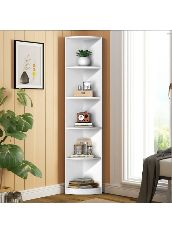 Dextrus 5-Tier Corner Bookcase, 70.8" Tall Modern Free Standing Corner Bookshelf, 5 Wooden Open Storage Book Shelves for Living Room Home Office White