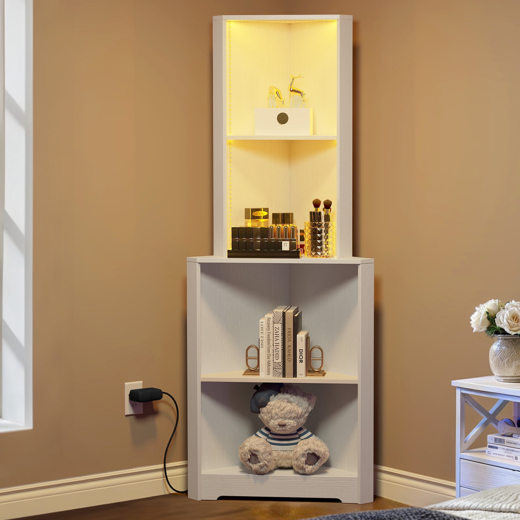 Dextrus 5-Tier Corner Shelf with Led Light, Wooden Open Corner Cabinet, Corner Bookshelf Bookcase Stand Storage Rack for Living Room, Home Office, Kitchen, Small Space, White