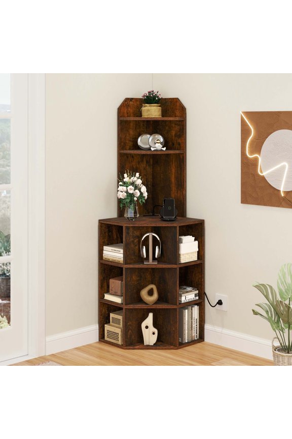 5-Tier Corner Shelf with USB Ports and Outlets, Corner Bookshelf Bookcase Display Shelves Rack Storage Corner Bar Cabinet for Living Room, Home Office, Kitchen, Brown