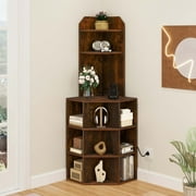 Dextrus 5-Tier Corner Shelf with USB Ports and Outlets, Corner Bookshelf Bookcase Display Shelves Rack Storage Corner Bar Cabinet for Living Room, Home Office, Kitchen, Brown