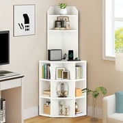 Dextrus 5-Tier Corner Shelf with USB Ports and Outlets, Industrial Corner Bookshelf Bookcase Display Shelves Rack Storage Corner Bar Cabinet for Living Room, Home Office, Kitchen, White