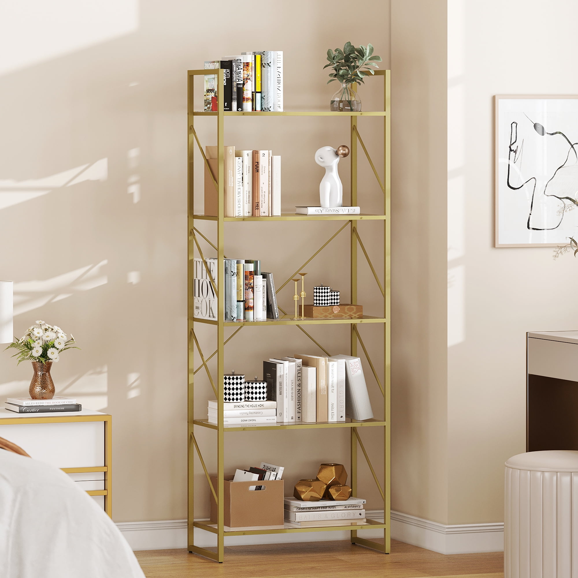 Dextrus 5-Tier Gold Bookshelf, Modern Free Standing Storage Shelf with Metal Frame,Display Shelf Storage Rack for Living Room, Acrylic and Gold Finish