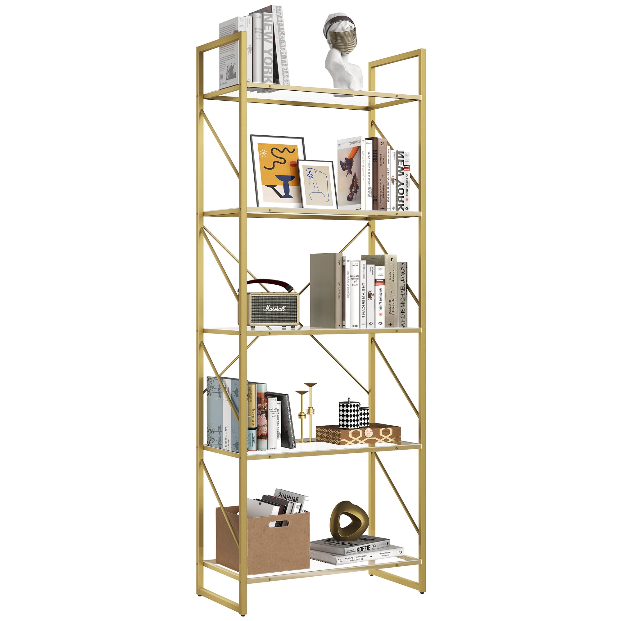Dextrus 5-Tier Gold Bookshelf, Modern Open Display Bookcase with Metal Frame for Living Room, Bedroom & Office