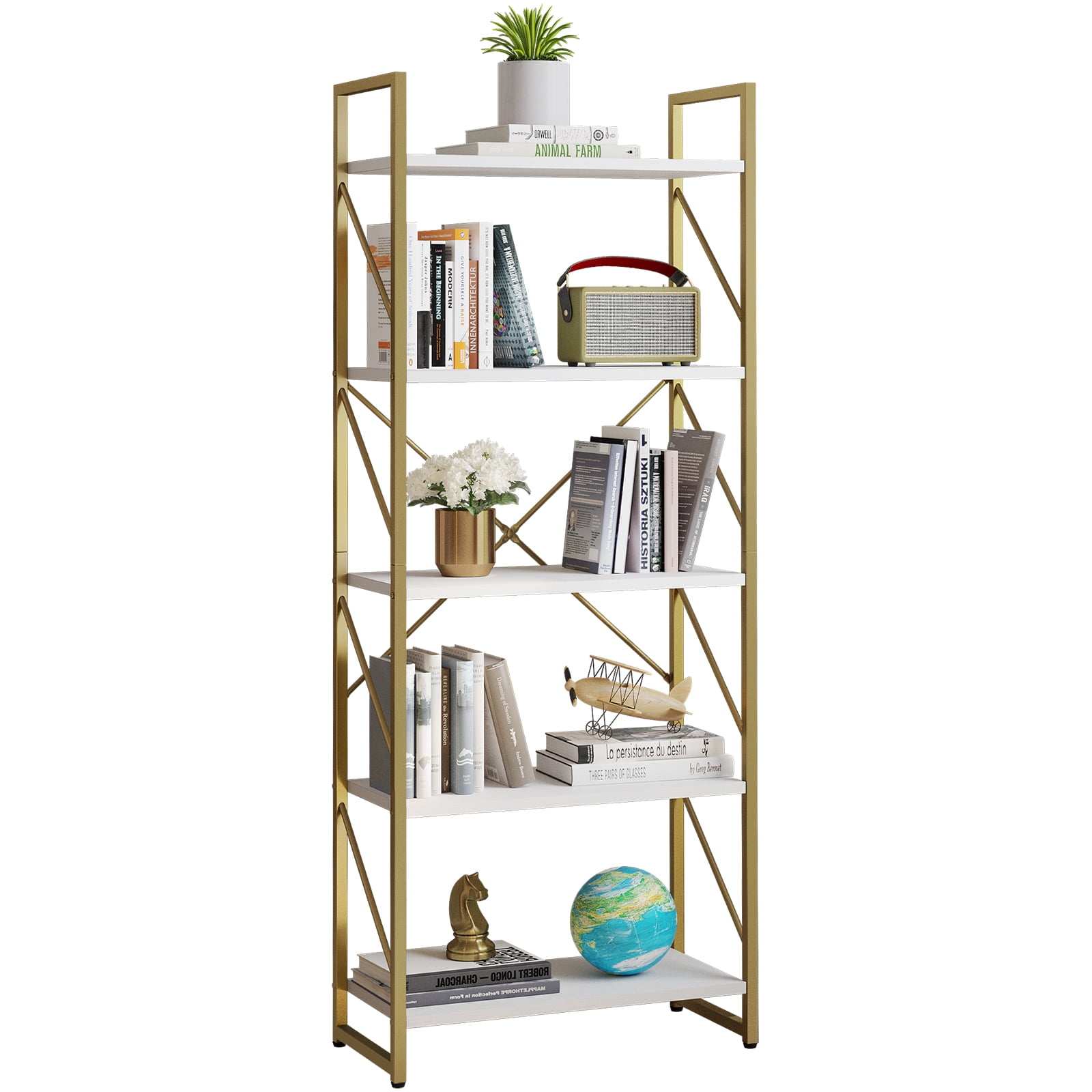 Dextrus 5-Tier Gold & White Bookshelf, Modern Freestanding Bookcase with Open Storage Shelves for Bedroom, Living Room, Office