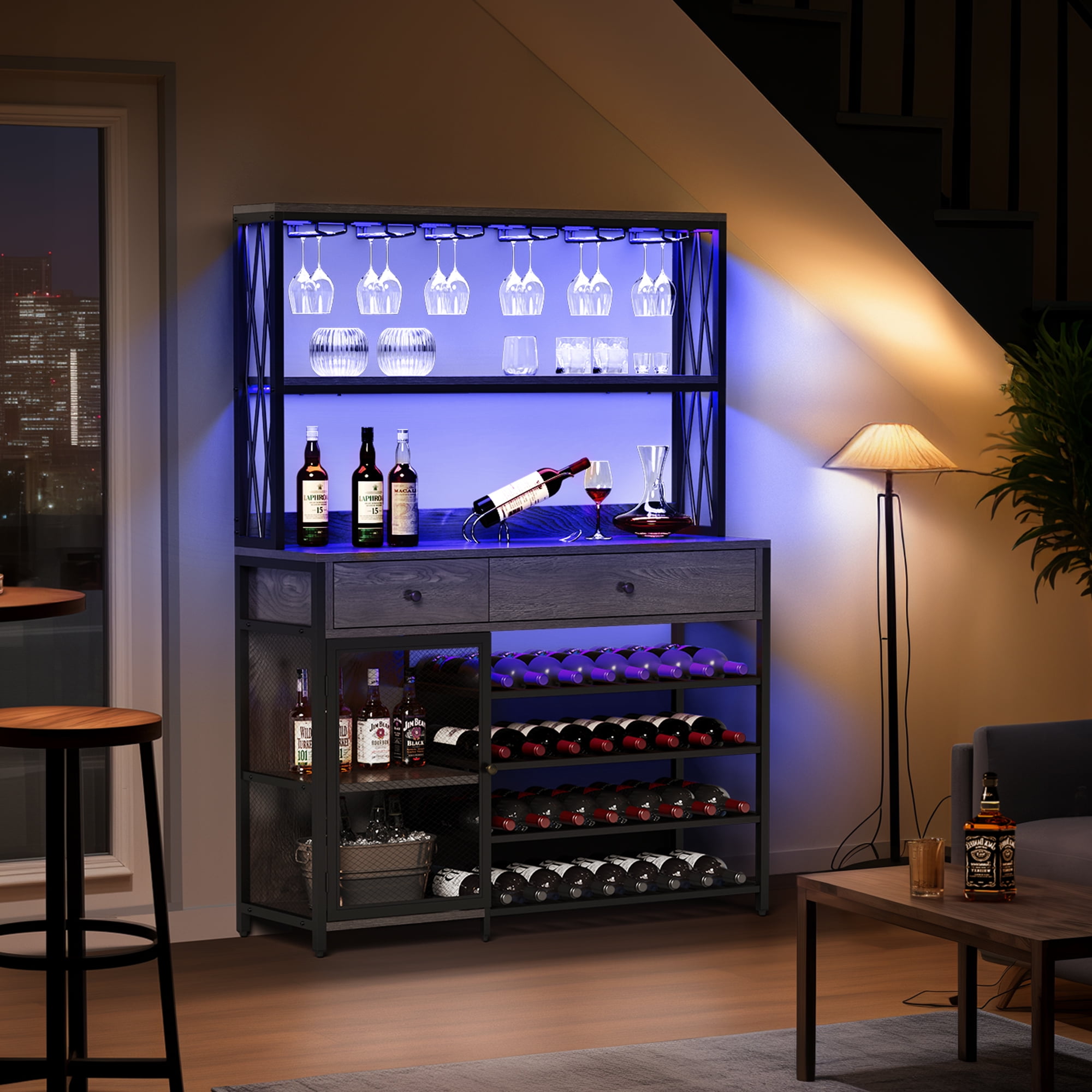 Dextrus 5 Tier Home Bar Unit, 67" Modern Bar with RGB LED Light, Wine Rack and Goblet