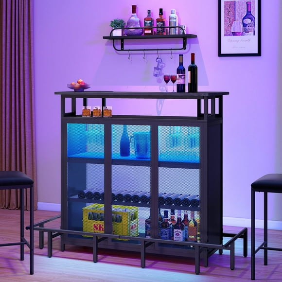 DEXTRUS 5-Tier Home Bar Unit with LED Lights, Mini Bar Table with Wine Rack & Glass Holder, Black