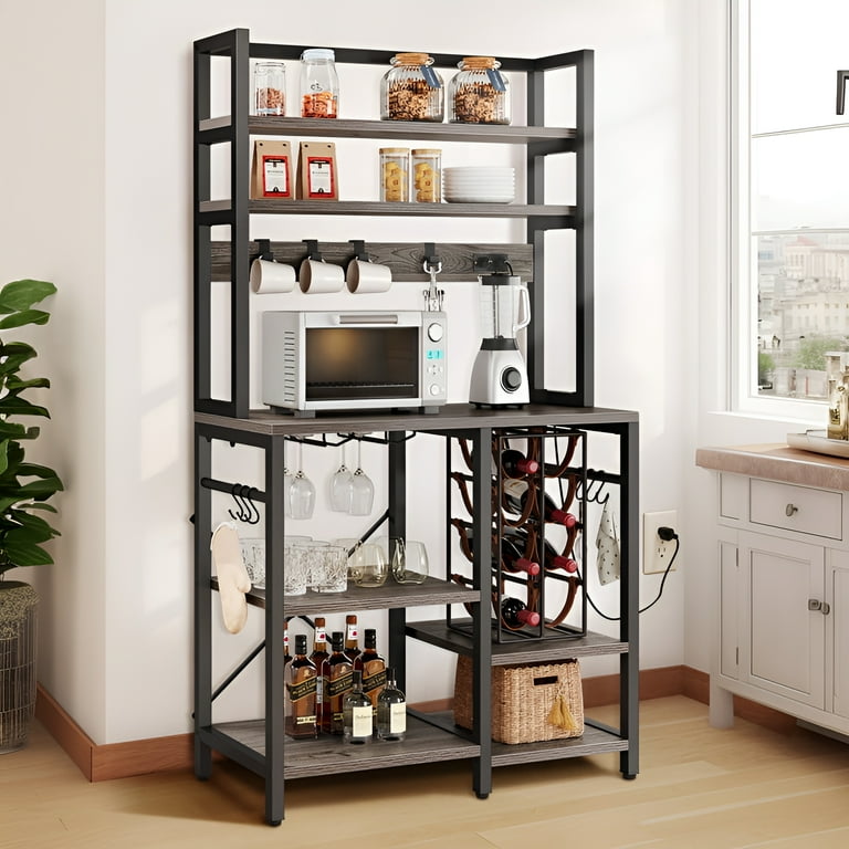 Dextrus 5 Tier Kitchen Bakers Rack 31.5 Freestanding Wood Microwave Stand with Power Outlet and Wine Rack Kitchen Storage Shelf with Cup Holder
