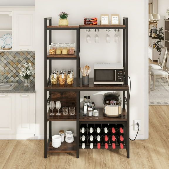 Dextrus 5-Tier Kitchen Bakers Rack with Power Outlets & Hooks, Standing Wine Rack, Brown