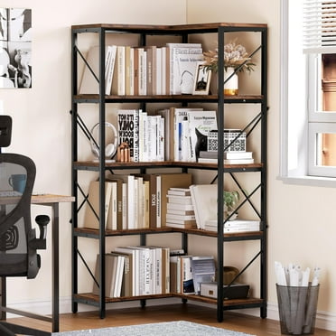 Dextrus 5-Tier L-Shaped Bookcase Storage Organizer, Tall Corner Bookshelf Open Display Freestanding Storage, Brown