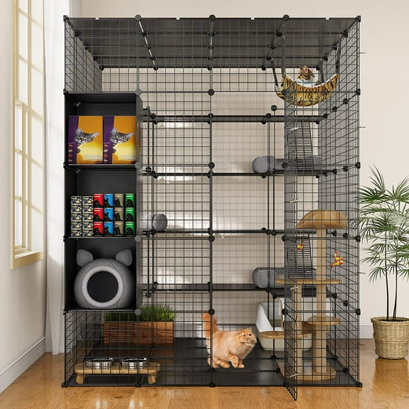 Dextrus 5-Tier Metal Cat Cage with Cube Storage,DIY Indoor Catio Enclosure Spacious Cat Playpen with Hammock, Ideal for 1-5 Cats