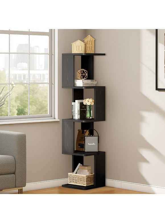 Dextrus 5 Tier Narrow Bookshelf, Modern Tall Bookcase, Cube Open Display Geometric Book Shelves, Shelf Storage Organizer Corner Shelf for Small Spaces, Bedroom, Home Office, Black