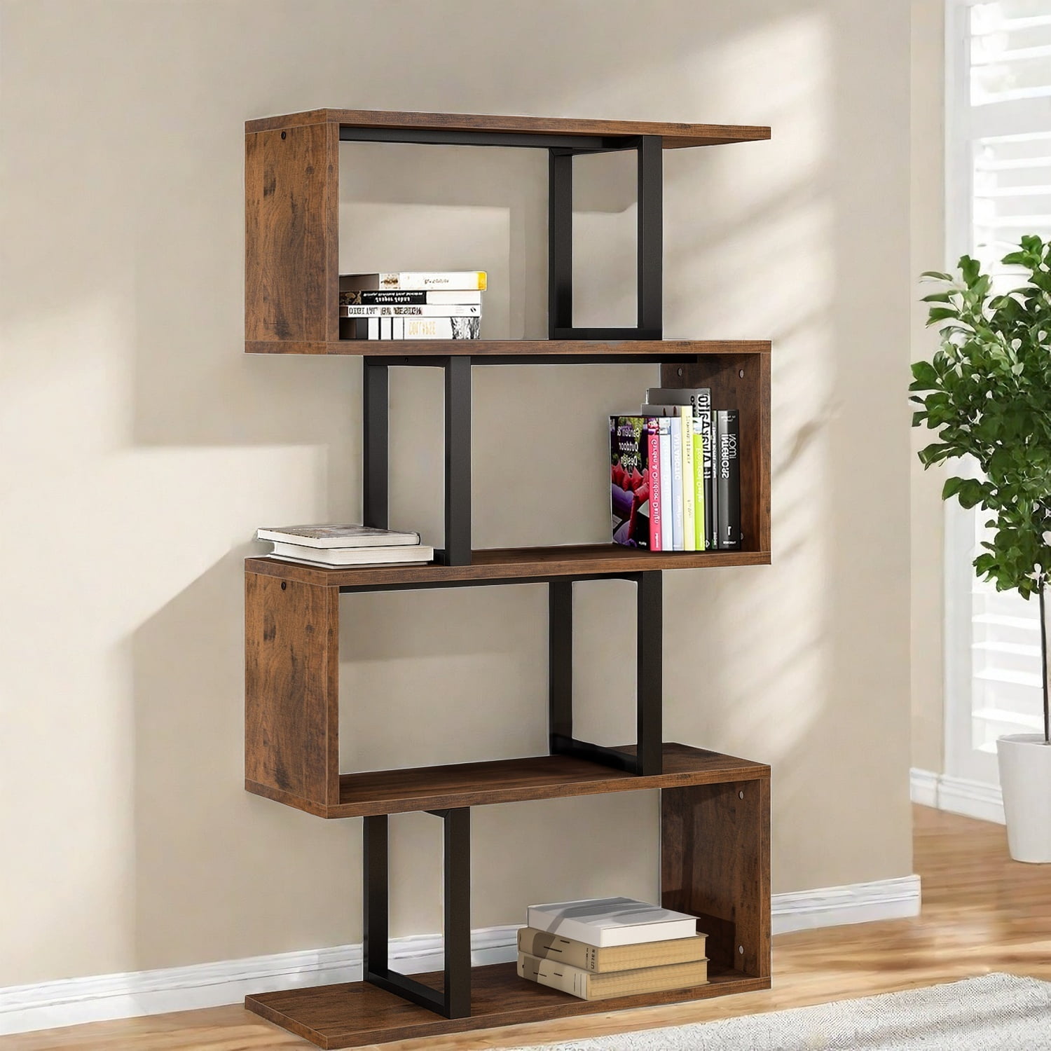 Purchases S-Shaped 5 Shelf Bookcase, Wooden Z Shaped 5-Tier Etagere Bookshelf