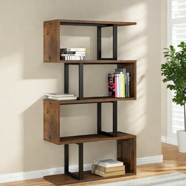 Dextrus 5-Tier S-Shaped Bookshelf, Geometric Bookcase Wooden Z-Shelf Storage Modern Open Shelving, Freestanding Display Bookshelf for Living Room Home Office, Brown