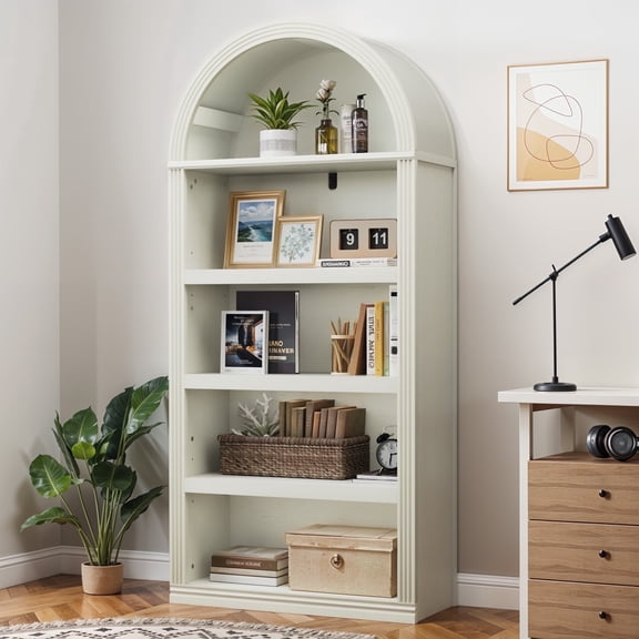 Dextrus Arched Modern 5 Tiers Wooden Bookshelf, 68.5" Tall Display Storage Rack, White