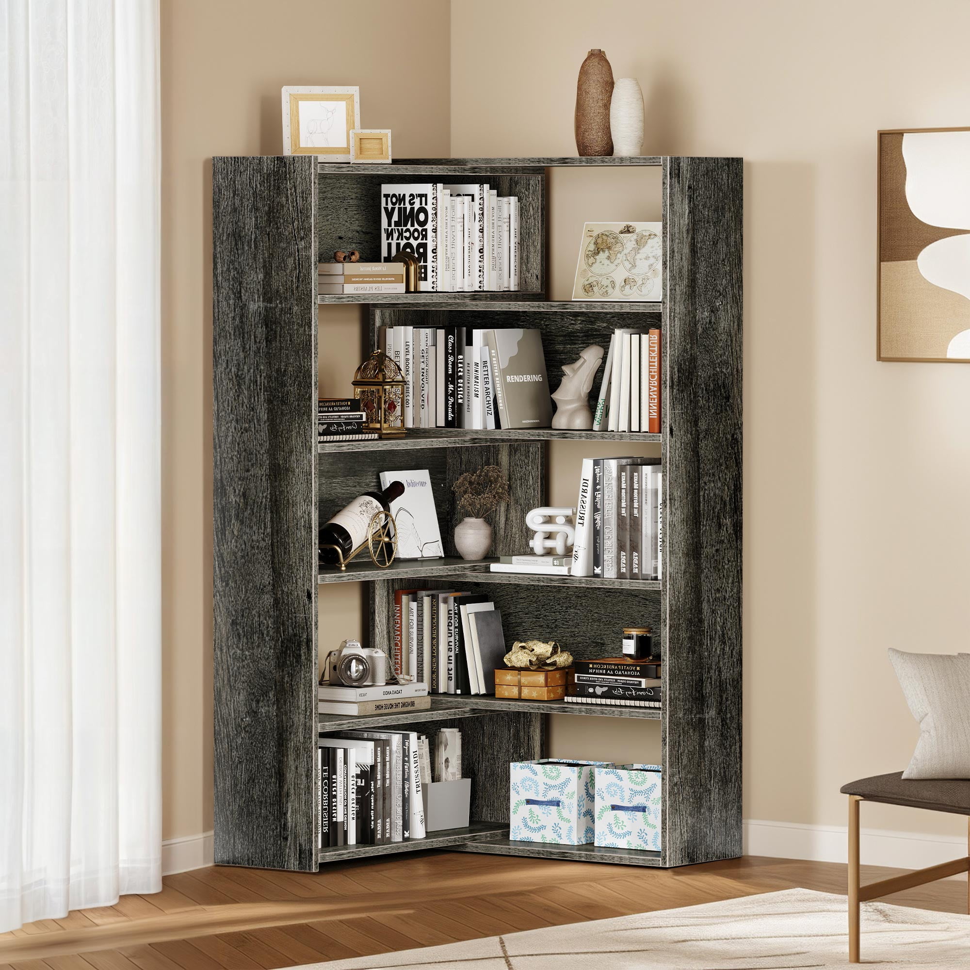 Dextrus 5 Tiers Bookcase with Baffles, Industrial Large Etagere Corner Bookshelf, Display Rack, Gray