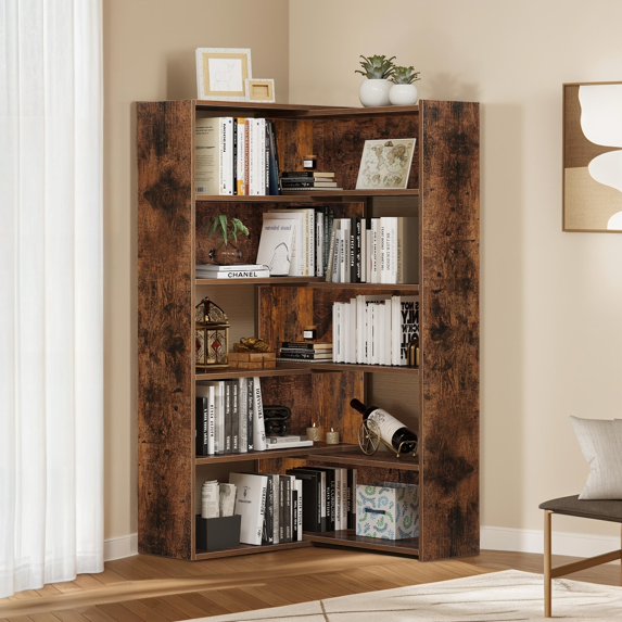 Dextrus 5 Tiers Bookcase with Baffles, Industrial Corner Bookshelf, Convertible Display Rack, Brown