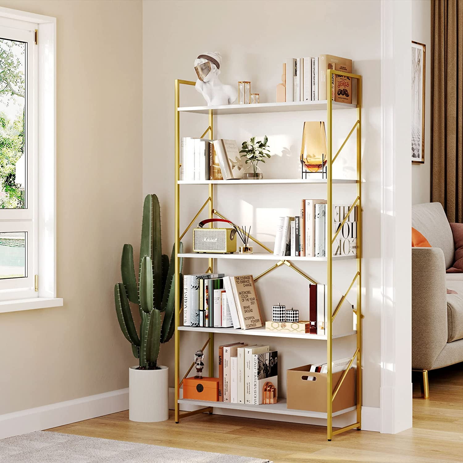 Dextrus 5 Tiers Bookshelf and Bookcase, Modern Wide Gold Bookcase, Open