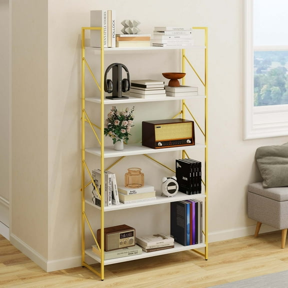 Dextrus 5 Tiers Bookshelf and Bookcase, Modern Wide Gold Bookcase, Open Storage Book Shelves for Living Room Bedroom, Gold
