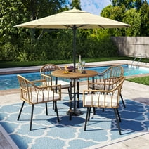 Dextrus 5 pieces Outdoor Patio Dining Table Set, 4 Rattan Wicker Dining Chair and Round Table With Umbrella Hole, Sectional Conversation Set for Backyard, Balcony, Garden, Lawn