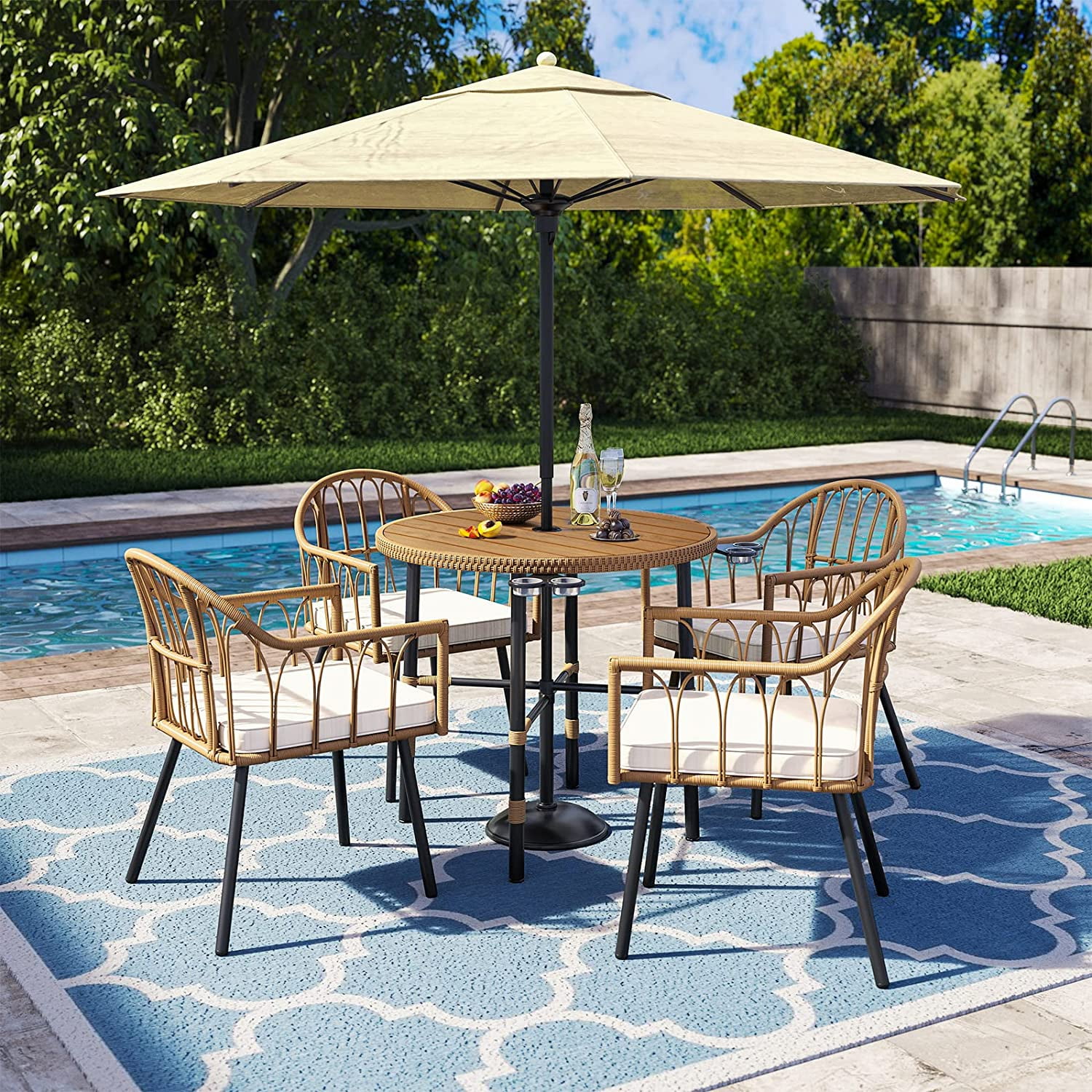 Dextrus 5 pieces Outdoor Dining Set, Patio Dining Sets with 4 Rattan Wicker Dining Chair and Round Table With Umbrella Hole, Sectional Conversation Set for Backyard, Balcony, Garden, Lawn