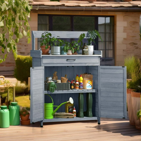 Dextrus 51.5″H Outdoor Potting Bench Table, All Weather Wooden Storage Cabinet with Drawer and Removable Plate, Gray