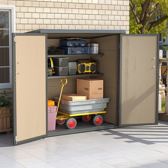 Dextrus 51 Cu Ft Outdoor Vertical Storage Shed with Floor & 2 Shelves, Waterproof, Lockable (Brown)
