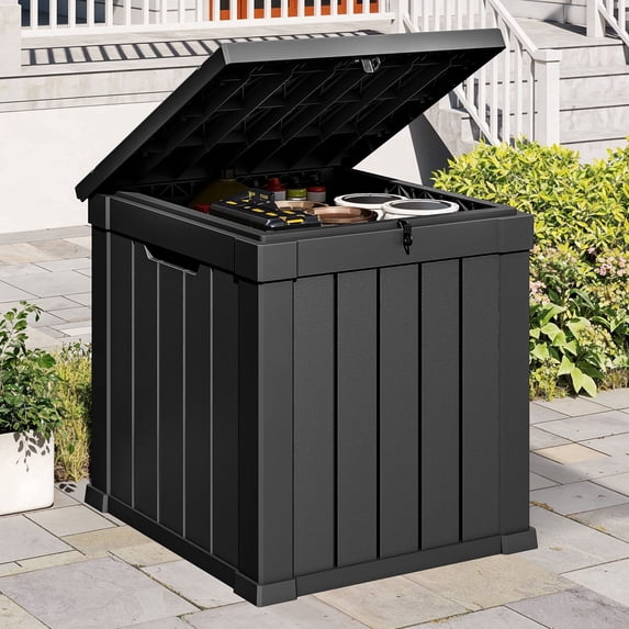 Dextrus 51 Gallon Weatherproof Resin Deck Box, Lockable Outdoor Storage Container, Multi-Purpose Patio Storage Bin for Package Delivery, Garden Tools, Pool Accessories and Outdoor Cushions, Black